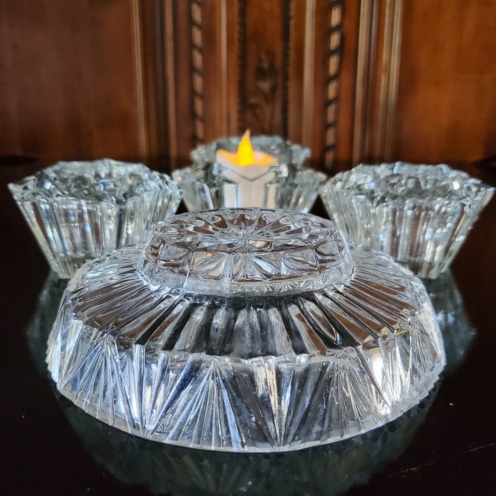 5pc "Prism" Crystal (4) Votive Holders & (1) 6" Crystal Bowl/Pillar🕯 Holder - Picture 15 of 16